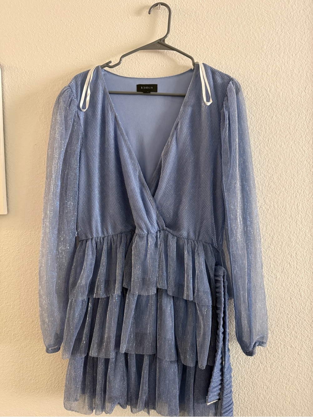 B. Darlin Blue Metallic Tiered Ruffle Wrap Mini Dress 11/12